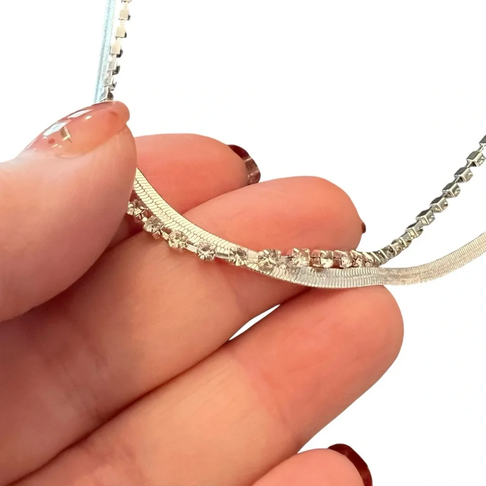Claire's Silver And Rhinestone Necklaces -2- Snake Style And Square‎ Rhinestones